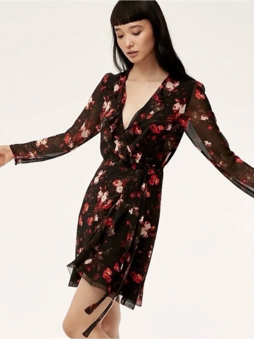 Aritzia Wilfred Louise Black and red Floral Ruffle Wrap Dress, size XS boho chic